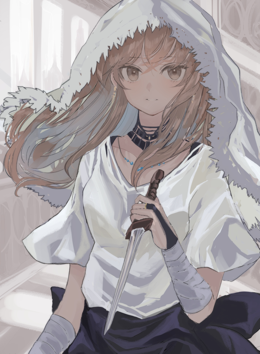 1girl bandaged_arm bandages black_skirt bridal_gauntlets brown_eyes brown_hair commentary_request dagger floating_hair hand_up highres hinomaru_(futagun) holding holding_dagger holding_weapon indoors knife long_hair looking_at_viewer original parted_lips shirt short_sleeves skirt solo tower veil weapon white_shirt window