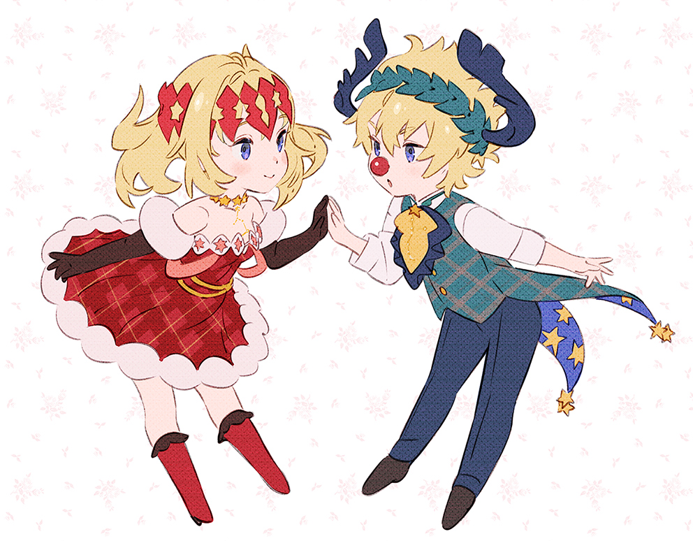 1boy 1girl bare_shoulders black_footwear blonde_hair blue_eyes blue_pants brother_and_sister castor_(fate) dress fate/grand_order fate_(series) jewelry leaning_forward long_sleeves medium_hair necklace official_art pants parted_lips patterned_background pollux_(fate) red_dress red_footwear shirt shoes short_hair siblings smile standing strapless strapless_dress umishima_senbon vest white_shirt