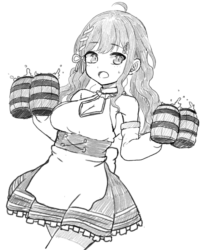 1girl alcohol armpit_peek beer beer_mug breasts cropped_legs cup detached_sleeves dress greyscale holding holding_cup korean_commentary long_hair looking_to_the_side medium_breasts miori_celesta monochrome mug open_mouth sizeaton sketch solo treble_clef_hair_ornament tsunderia virtual_youtuber white_background