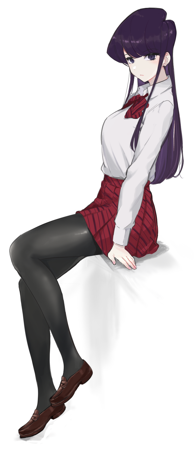 1girl ayatak0517 bangs black_eyes black_hair black_legwear bow bowtie brown_footwear collared_shirt full_body highres komi-san_wa_komyushou_desu komi_shouko long_hair long_sleeves pantyhose pleated_skirt red_bow red_bowtie red_skirt shadow shirt shirt_tucked_in shoes simple_background sitting skirt solo striped striped_bow striped_bowtie striped_skirt white_background white_shirt