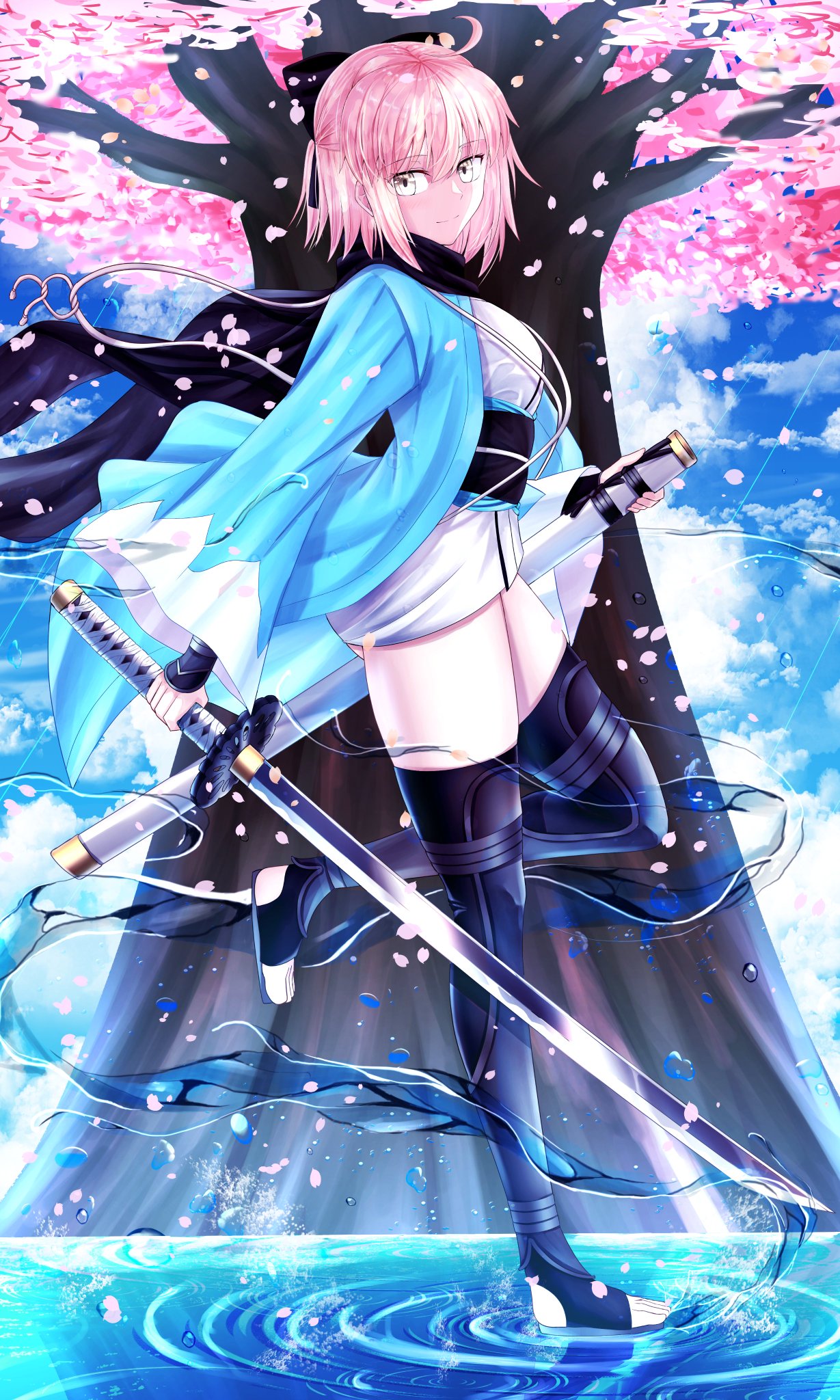 1girl ahoge arm_guards black_bow black_legwear black_scarf bow cherry_blossoms fate/grand_order fate_(series) full_body half_updo haori highres holding holding_sheath holding_sword holding_weapon ilsa34660285 japanese_clothes katana kimono koha-ace okita_souji_(fate) okita_souji_(koha/ace) pink_hair scabbard scarf sheath shinsengumi short_kimono solo standing stirrup_legwear sword thigh-highs toeless_legwear tree unsheathed weapon white_kimono yellow_eyes