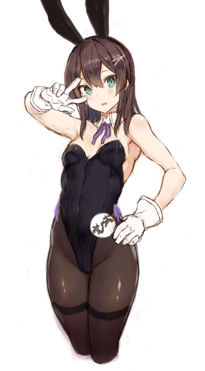 1girl animal_ears bangs black_hair black_legwear black_leotard blush breasts character_name commentary_request cropped_legs detached_collar fake_animal_ears gloves green_eyes hair_between_eyes hair_ornament hairband hairclip hand_on_hip highleg highleg_leotard kantai_collection leotard long_hair looking_at_viewer neck_ribbon one-hour_drawing_challenge oyashio_(kancolle) pantyhose parted_lips playboy_bunny purple_ribbon rabbit_ears revision ribbon ryo_(tg290) simple_background sketch small_breasts solo standing thighband_pantyhose twitter_username w w_over_eye white_background white_gloves