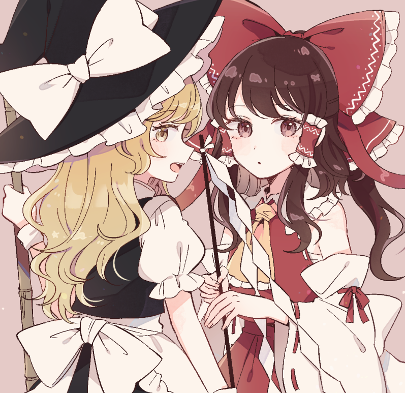 2girls ascot back_bow bamboo_broom bare_shoulders black_vest blonde_hair blush bow braid broom brown_background brown_eyes brown_hair buttons commentary_request detached_sleeves dress eyebrows_visible_through_hair eyelashes frilled_bow frills gohei hair_bow hair_tubes hakurei_reimu hat hat_bow hat_ribbon holding holding_broom holding_stick kirisame_marisa long_hair long_sleeves looking_at_viewer mozukuzu_(manukedori) multiple_girls nontraditional_miko open_mouth puffy_short_sleeves puffy_sleeves red_skirt red_vest ribbon sarashi sash short_sleeves side_braid simple_background single_braid skirt standing stick touhou upper_body vest white_bow white_ribbon white_sash wide_sleeves witch_hat wrist_cuffs yellow_eyes yellow_neckwear