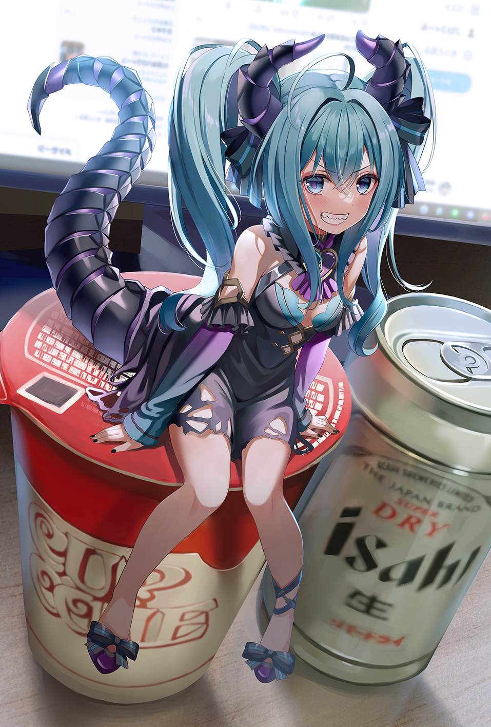1girl ahoge bangs banned_artist bare_shoulders beer_can black_bow black_dress black_nails blue_eyes blue_hair blue_sleeves bow breasts can commentary cup_noodle detached_sleeves dragon_girl dragon_horns dragon_tail dress eyebrows_visible_through_hair grin hair_between_eyes hair_bow hatsune_miku highres horns long_hair long_sleeves looking_at_viewer medium_breasts minigirl monitor nail_polish noodle_stopper purple_footwear purple_sleeves sharp_teeth shoes sidelocks sitting sleeves_past_wrists smile solo tail teeth twintails v-shaped_eyebrows very_long_hair vocaloid yuuka_nonoko