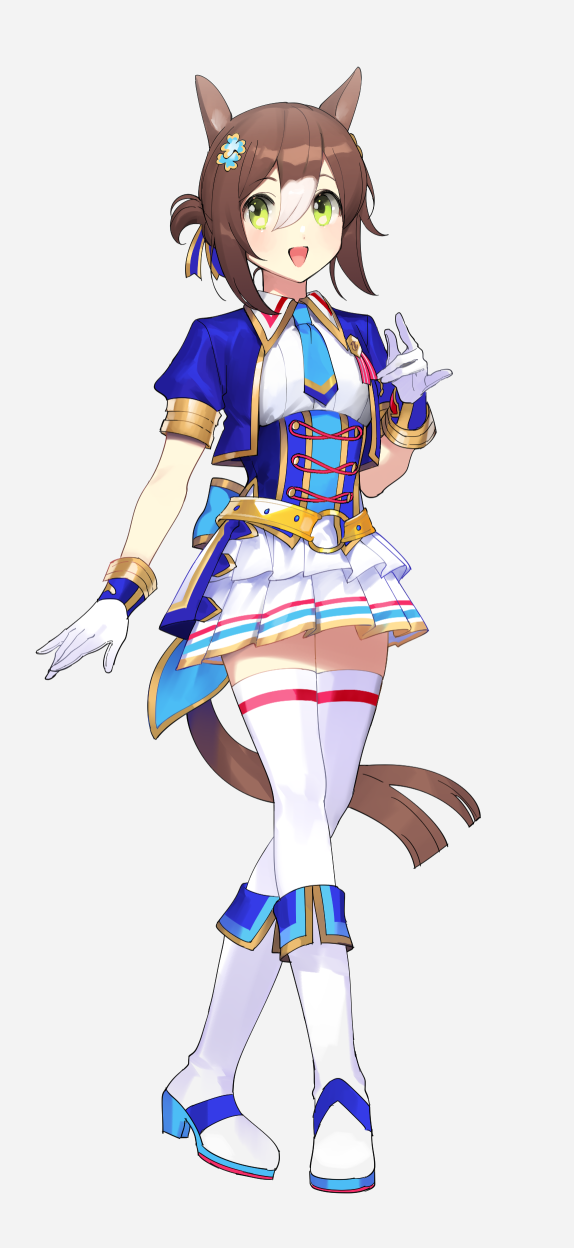 1girl animal_ears bangs blue_jacket blue_ribbon boots brown_eyes collared_dress commentary_request cropped_jacket dress fine_motion_(umamusume) glorious_azure_costume_(umamusume) gloves green_hair grey_background hair_ornament hair_ribbon highres horse_ears horse_girl horse_tail jacket layered_dress looking_at_viewer multicolored_hair necktie open_mouth pleated_dress ribbon short_dress short_hair short_sleeves simple_background single_horizontal_stripe smile solo standing tail tan_(inka) thigh-highs tied_hair two-tone_hair umamusume white_dress white_footwear white_gloves white_hair white_legwear yellow_belt
