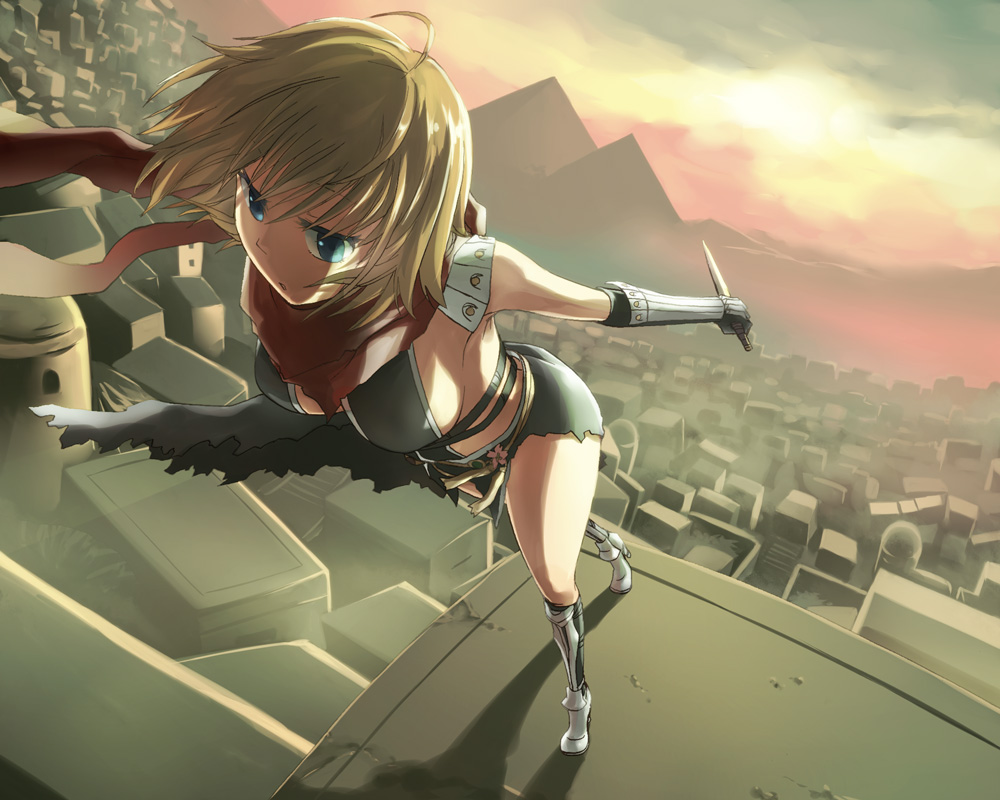 1girl armor assassin_cross_(ragnarok_online) bangs black_cape black_gloves black_legwear black_leotard blonde_hair blue_eyes boots breasts building cape commentary_request dagger day elbow_gloves fisheye full_body gloves high_heel_boots high_heels holding holding_dagger holding_weapon kneehighs knife leaning_forward leotard looking_afar medium_breasts natsuya_(kuttuki) open_mouth outdoors pauldrons pyramid ragnarok_online red_scarf revealing_clothes reverse_grip scarf short_hair shoulder_armor solo torn_cape torn_clothes torn_scarf vambraces waist_cape weapon