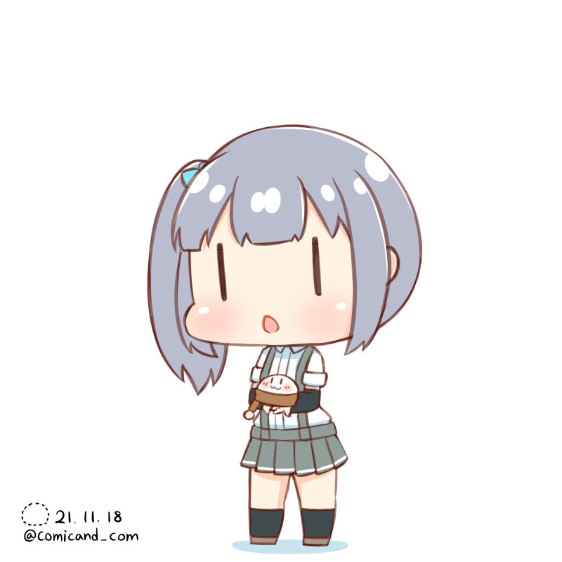 1girl :3 artist_logo black_legwear blue_ribbon blush brown_footwear chibi commentary_request dated grey_skirt hair_ribbon holding kantai_collection kasumi_(kancolle) kneehighs long_hair one-hour_drawing_challenge open_mouth ribbon shiromaru_(maniado) shirt shoes short_sleeves side_ponytail silver_hair simple_background skirt solo suspender_skirt suspenders twitter_username white_background white_shirt |_|