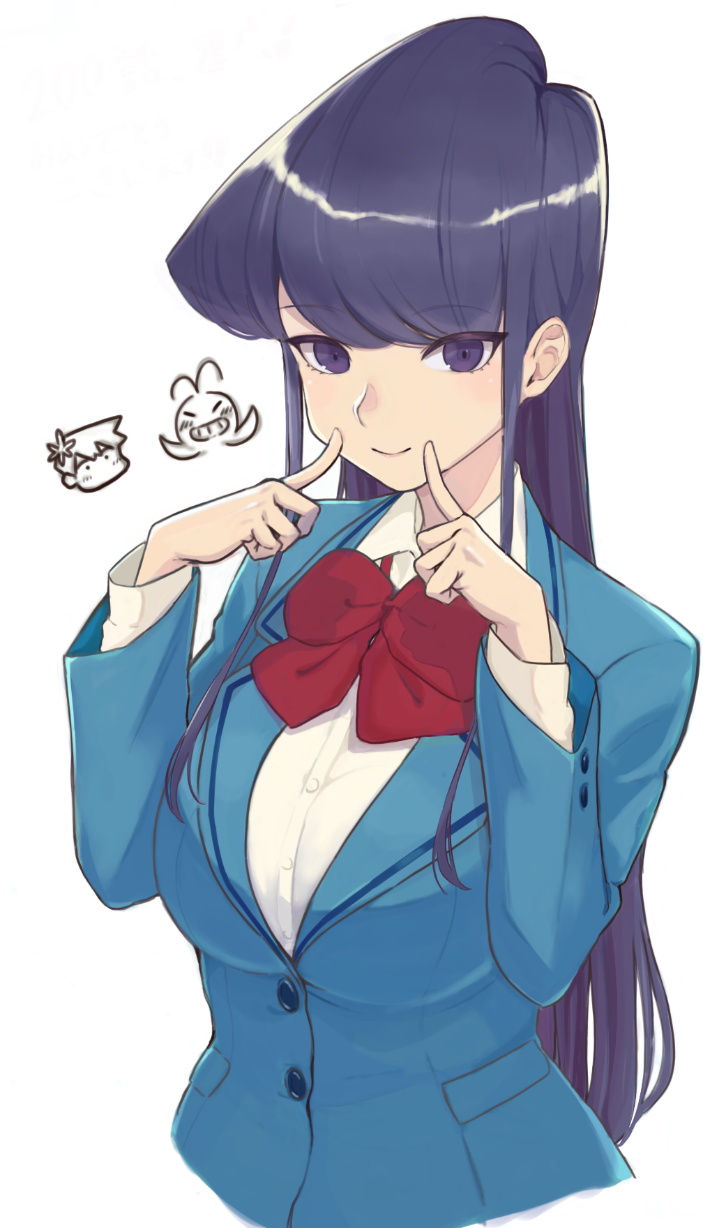 1girl ayatak0517 bangs black_eyes black_hair blue_jacket bow bowtie breasts collared_shirt eyebrows_visible_through_hair highres index_finger_raised jacket komi-san_wa_komyushou_desu komi_shouko long_hair long_sleeves red_bow red_bowtie shirt simple_background solo upper_body white_background white_shirt