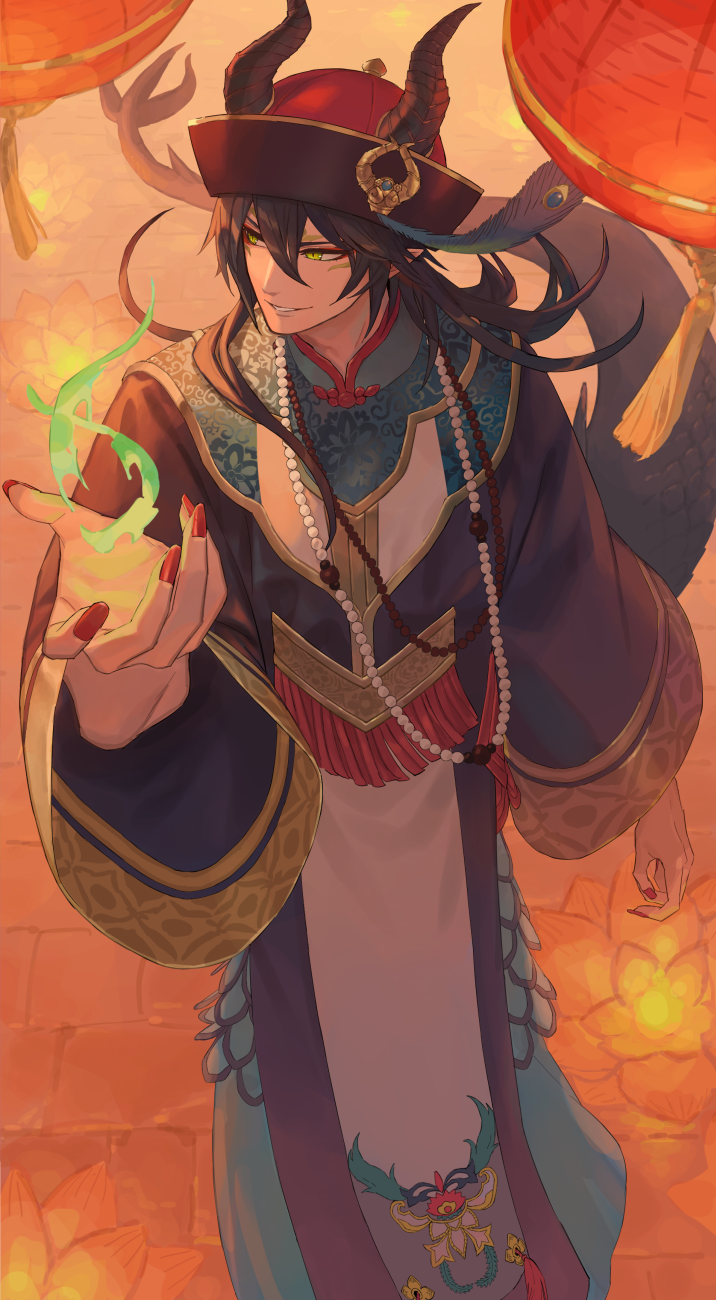 1boy bangs beads black_hair chorefuji green_eyes hair_between_eyes hand_up hat highres horns long_hair long_sleeves looking_to_the_side magic male_focus malleus_draconia nail_polish parted_lips red_headwear red_nails robe smile solo standing twisted_wonderland