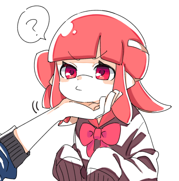 1girl ? bangs bow bowtie brown_sweater_vest daidaiika hair_bow hair_ornament hairclip hand_on_another's_chin inkling long_sleeves looking_at_viewer pink_bow pink_eyes pink_hair pointy_ears short_hair simple_background sleeves_past_fingers sleeves_past_wrists splatoon_(series) splatoon_2 squidbeak_splatoon sweater_vest white_background