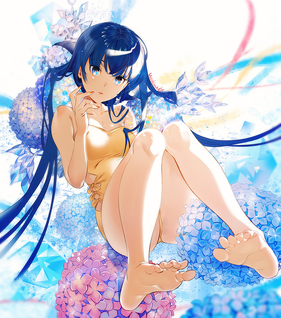 1girl bangs bare_legs barefoot blue_eyes blue_flower blue_hair flower full_body hand_up hydrangea knees_up long_hair one-piece_swimsuit original pink_flower red_nails signature solo swimsuit umishima_senbon very_long_hair yellow_swimsuit