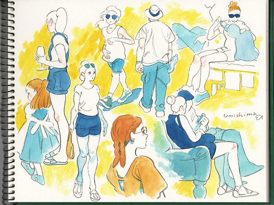 6+girls aqua_footwear blue_shorts brown_hair eyewear_on_head glasses limited_palette long_hair multiple_girls orange_shirt original painting_(medium) profile shirt short_sleeves shorts sitting sleeveless sleeveless_shirt sunglasses traditional_media umishima_senbon watercolor_(medium) white_footwear white_hair white_headwear white_shirt yellow_background