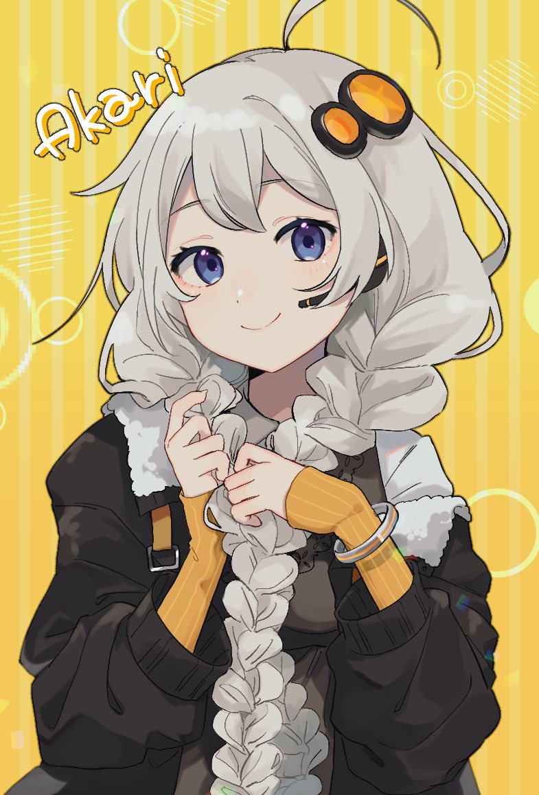 1girl blue_eyes bomber_jacket bracelet braid character_name commentary dripizza elbow_gloves fingerless_gloves gloves grey_hair hair_ornament head_tilt headset holding holding_hair jacket jewelry kizuna_akari long_hair looking_at_viewer orange_gloves smile solo striped striped_background striped_gloves twin_braids upper_body very_long_hair vocaloid voiceroid yellow_background