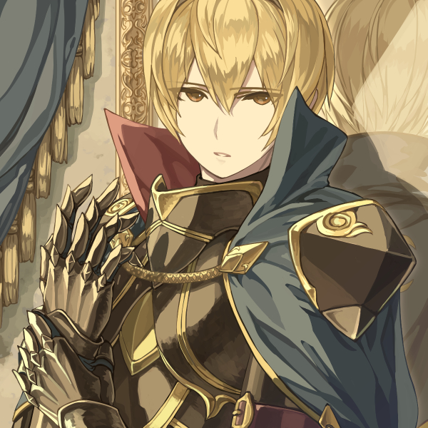 1boy arm_strap armor bangs black_armor blonde_hair blue_capelet breastplate buckle capelet collared_capelet dated_commentary expressionless eyes_visible_through_hair fire_emblem fire_emblem_fates gauntlets gold_trim hair_between_eyes hand_on_own_wrist hand_up harusame_(rueken) high_collar holding_own_wrist indoors leo_(fire_emblem) looking_at_viewer male_focus mirror mirror_image multicolored_capelet parted_lips red_capelet reflection short_hair shoulder_armor shoulder_pads sidelocks solo standing turtleneck yellow_eyes