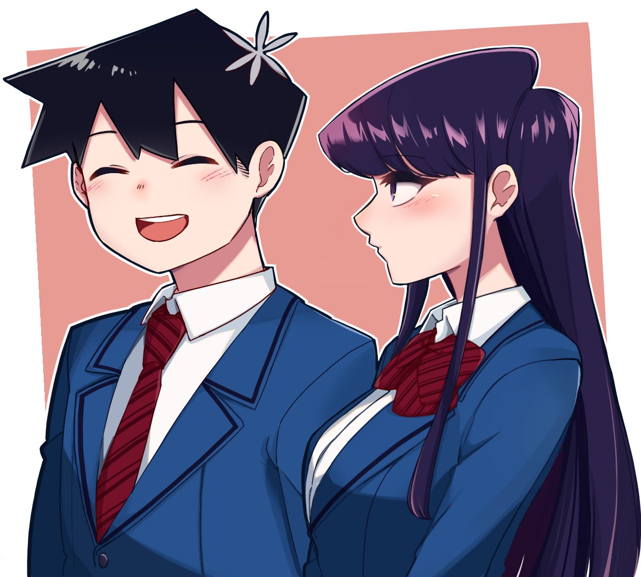 1boy 1girl ayatak0517 bangs black_hair blue_jacket blush bow bowtie breasts closed_eyes collared_shirt jacket komi-san_wa_komyushou_desu komi_shouko long_hair necktie open_mouth outline pink_background profile red_bow red_bowtie red_necktie shirt short_hair smile striped striped_bow striped_bowtie striped_necktie tadano_hitohito upper_body white_outline white_shirt