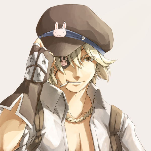 1boy adjusting_clothes adjusting_headwear animal_print bangs blacksmith_(ragnarok_online) blonde_hair brown_eyes brown_gloves brown_headwear bunny_ornament bunny_print cabbie_hat cigarette commentary_request eyepatch fingerless_gloves gloves grey_background grin hair_between_eyes hat looking_at_viewer male_focus natsuya_(kuttuki) print_eyepatch ragnarok_online shirt short_hair short_sleeves simple_background smile solo unbuttoned unbuttoned_shirt upper_body white_shirt