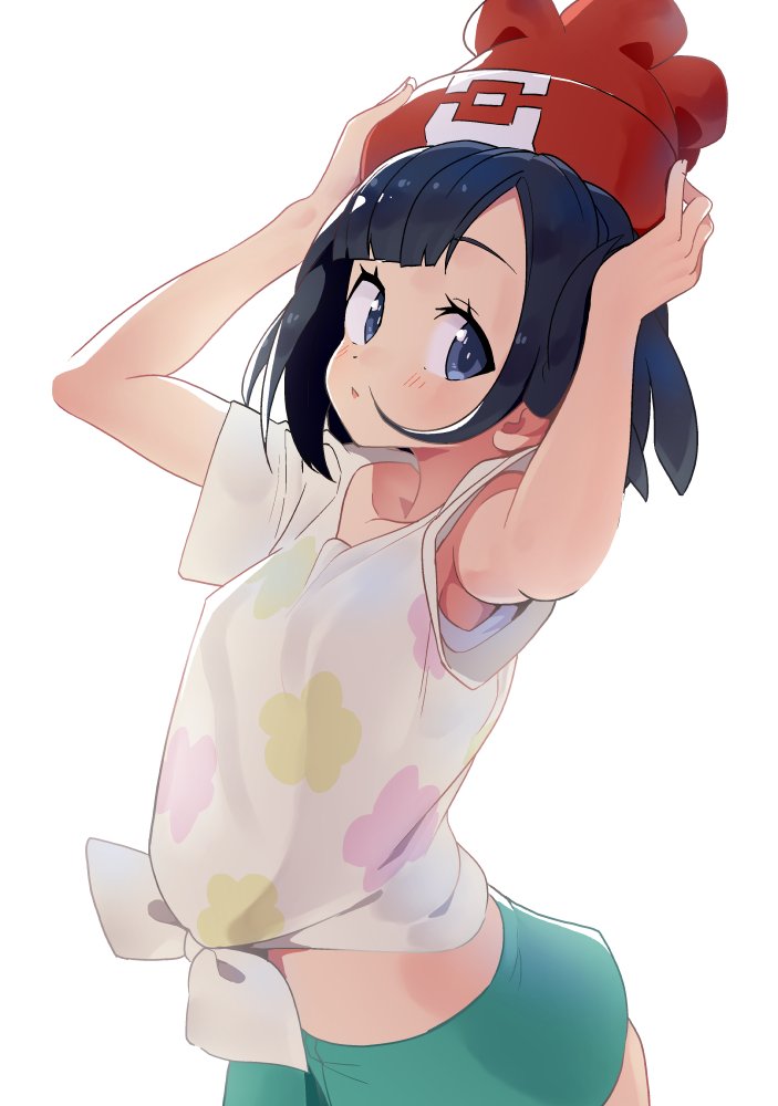 1girl bangs beanie black_hair blue_eyes floral_print green_shorts hat pokemon pokemon_(game) pokemon_sm red_headwear selene_(pokemon) shirt short_hair short_shorts short_sleeves shorts simple_background solo swept_bangs t-shirt tied_shirt tottotonero white_background