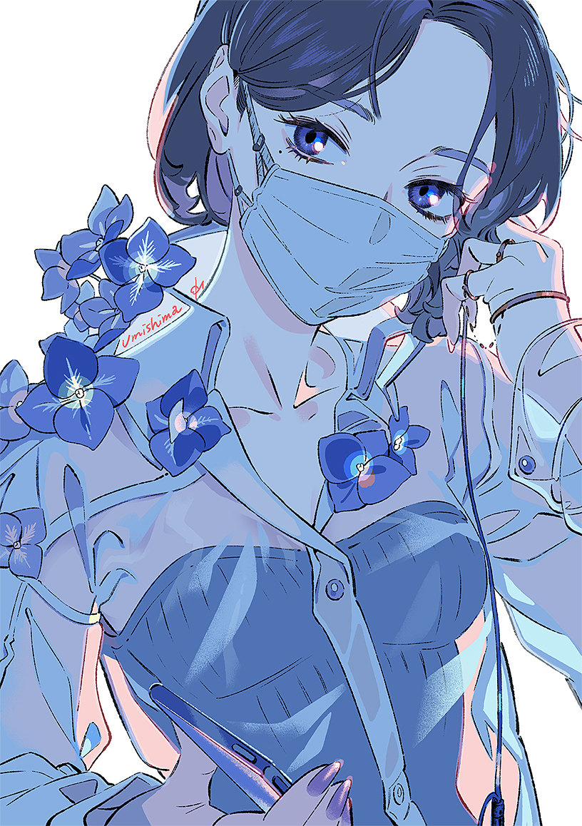 1girl black_hair blue_eyes blue_flower blue_theme collared_shirt flower hand_up jewelry looking_at_viewer mask mouth_mask original purple_nails ring shirt short_hair signature simple_background solo transparent_shirt umishima_senbon white_background white_mask