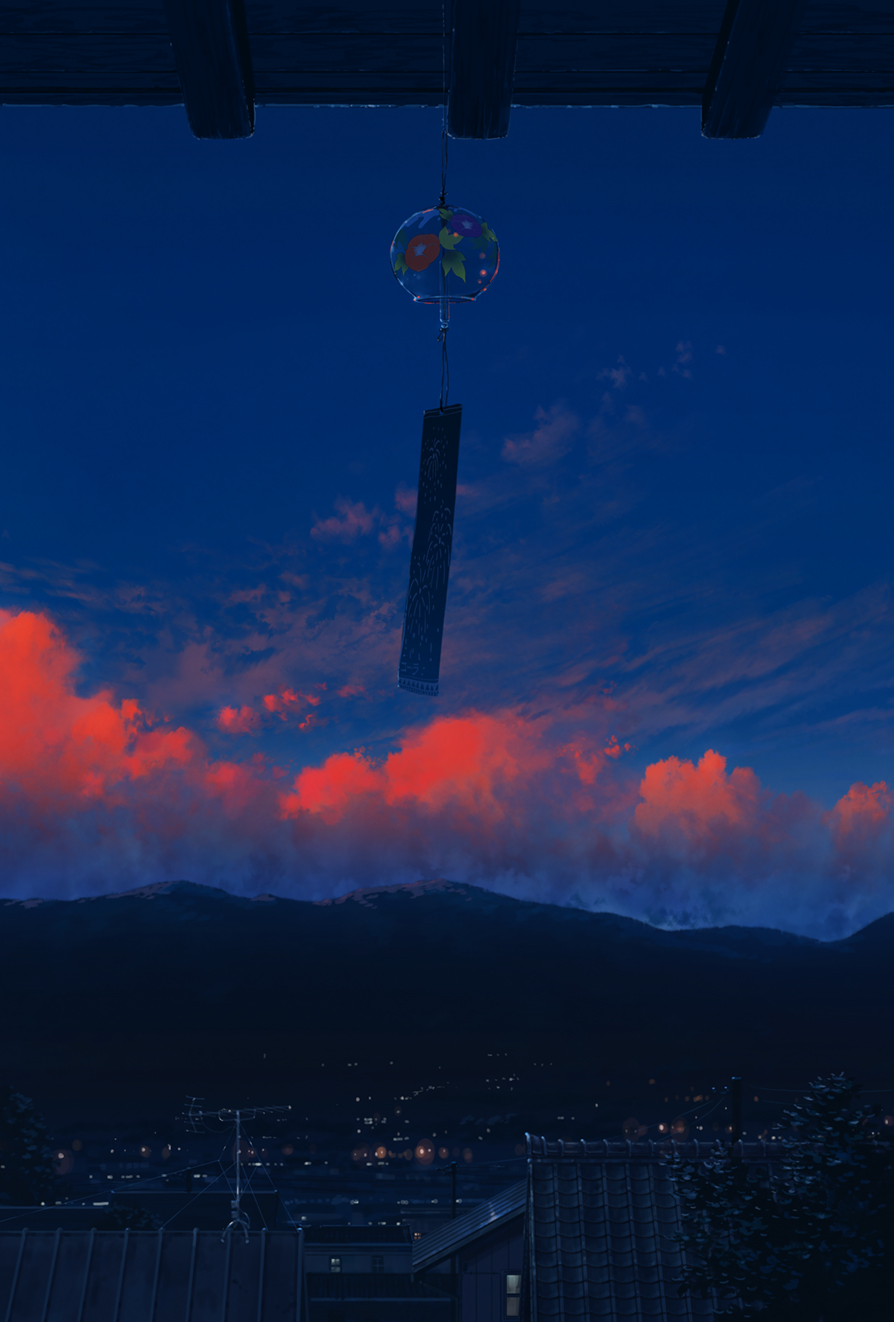 antenna_mast building cityscape clouds cola_(gotouryouta) commentary_request evening highres mountain no_humans original plant scenery sky town tree twilight wind_chime