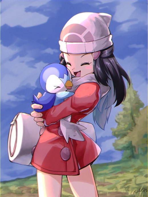 1girl bag beanie black_hair blush_stickers closed_eyes clouds coat commentary_request day duffel_bag eyelashes grass hair_ornament hairclip hat hikari_(pokemon) holding holding_pokemon long_hair long_sleeves outdoors piplup pokemon pokemon_(creature) pokemon_(game) pokemon_dppt pokemon_platinum red_coat scarf sidelocks signature sireia_round sky standing tree white_bag white_headwear white_scarf