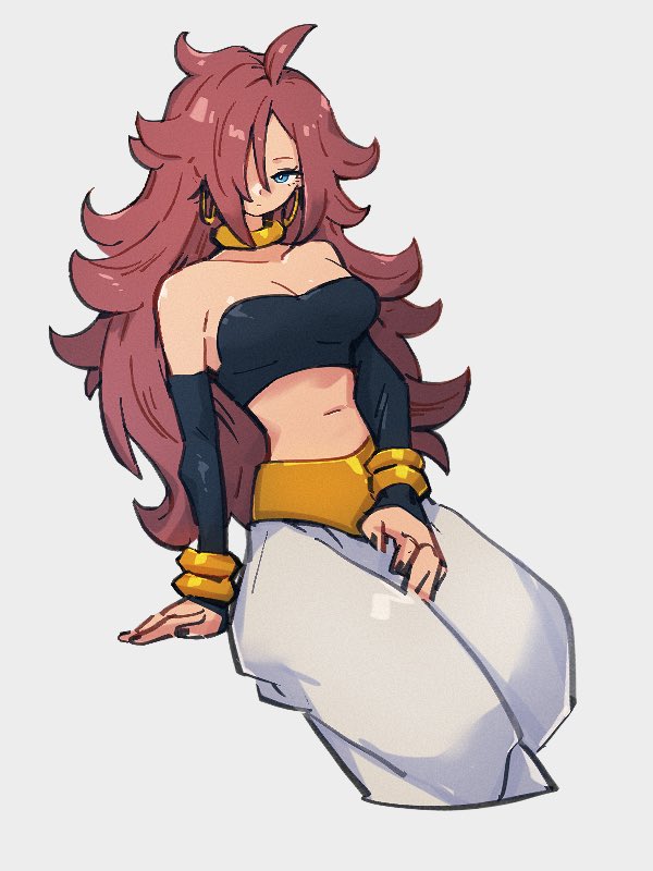 1girl android_21 blue_eyes bracelet breasts choker closed_mouth dragon_ball dragon_ball_fighterz earrings hair_over_one_eye hoop_earrings jewelry kemachiku long_hair looking_at_viewer majin_android_21 medium_breasts midriff navel redhead solo yellow_choker