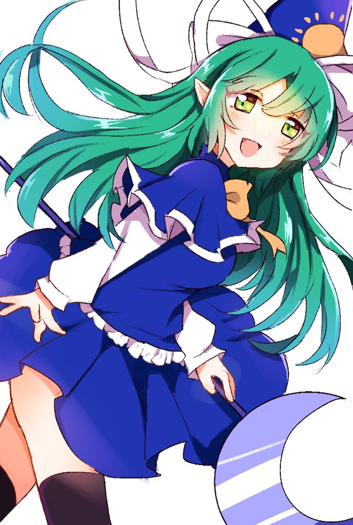 1girl blue_capelet blue_headwear blue_skirt blue_vest bow bowtie breasts capelet crescent eyebrows_visible_through_hair frilled_vest green_eyes green_hair hat hat_ribbon holding holding_staff long_hair long_sleeves medium_breasts mima_(touhou) open_mouth ribbon shirt simple_background skirt staff sun_print touhou touhou_(pc-98) vest white_background white_ribbon white_shirt wizard_hat yellow_bow yellow_bowtie yellow_neckwear zeroko-san_(nuclear_f)