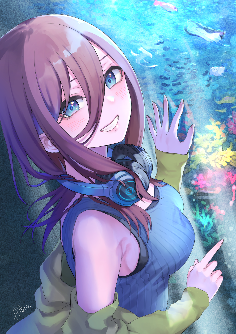 1girl aibon aquarium bangs bare_shoulders blue_eyes blue_tank_top breasts brown_hair commentary_request go-toubun_no_hanayome green_jacket grin hair_between_eyes headphones headphones_around_neck highres jacket large_breasts long_hair long_sleeves looking_at_viewer nakano_miku off_shoulder open_clothes open_jacket pointing ribbed_tank_top smile solo tank_top upper_body