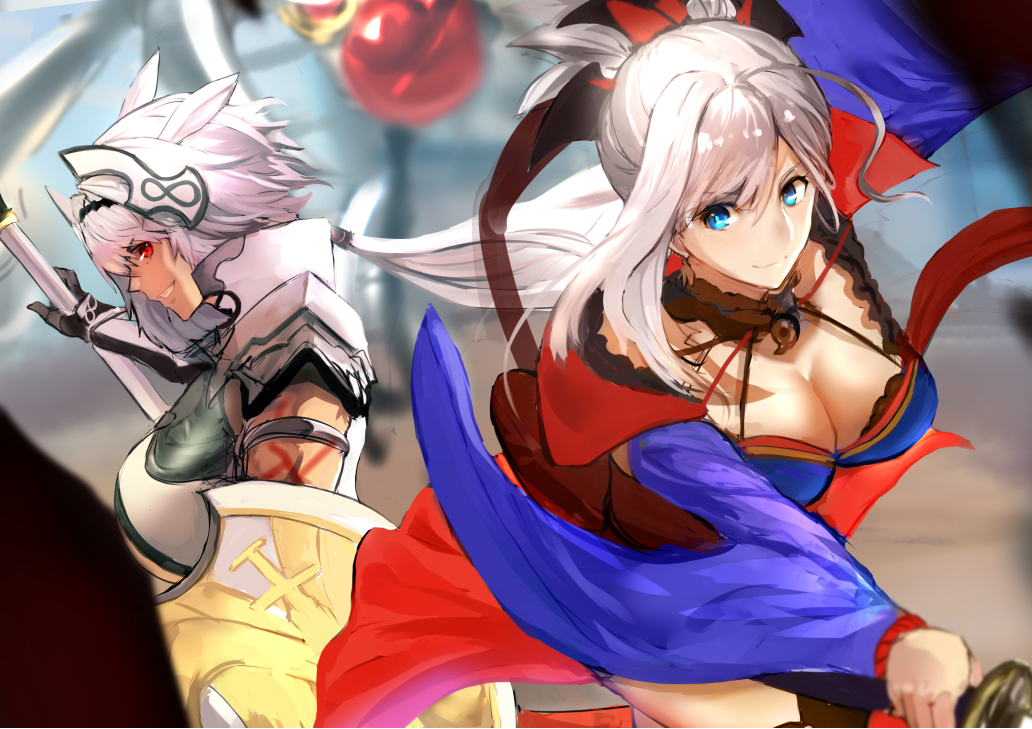 2girls animal_ears armor back-to-back bangs blue_eyes breasts caenis_(fate) dark-skinned_female dark_skin dual_wielding fate/grand_order fate_(series) holding holding_polearm holding_sword holding_weapon japanese_clothes jewelry jikihatiman kimono lance long_hair looking_at_viewer looking_back miyamoto_musashi_(fate) multiple_girls necklace open_mouth pink_hair pointy_ears polearm ponytail red_eyes silver_hair smile spear sword tattoo upper_body weapon white_hair