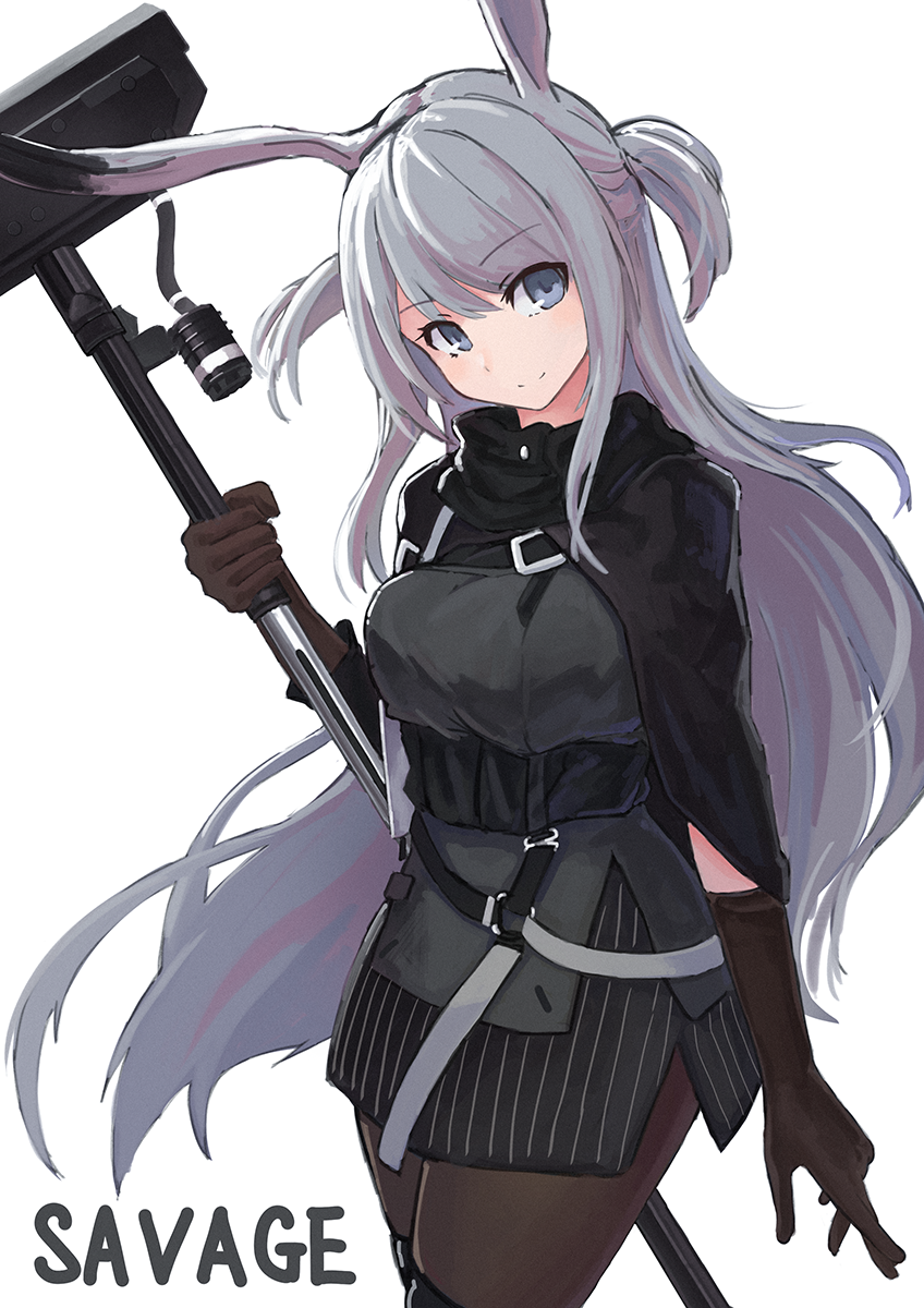 1girl animal_ears arknights bangs black_gloves black_legwear breasts character_name commentary_request cowboy_shot eyebrows_visible_through_hair gloves grey_background grey_eyes grey_hair hammer highres holding holding_hammer jacket long_hair looking_at_viewer pantyhose rabbit_ears savage_(arknights) sentou_kouhei_kitsune simple_background smile solo two_side_up war_hammer weapon