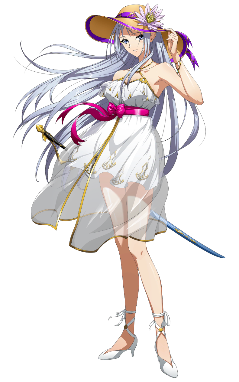 1girl ankle_ribbon bare_legs blue_eyes bow bracelet breasts collarbone criss-cross_halter dress floating_hair flower full_body halterneck hat hat_flower hat_ribbon high_heels highres holding holding_sheath ilucia_(langrisser) jewelry langrisser langrisser_mobile large_breasts long_hair looking_at_viewer official_art parted_lips pumps purple_ribbon red_bow ribbon see-through sheath sheathed shiny shiny_hair short_dress silver_hair sleeveless sleeveless_dress smile solo standing straight_hair straw_hat sun_hat sword transparent_background very_long_hair weapon white_dress white_flower white_footwear white_ribbon yellow_headwear