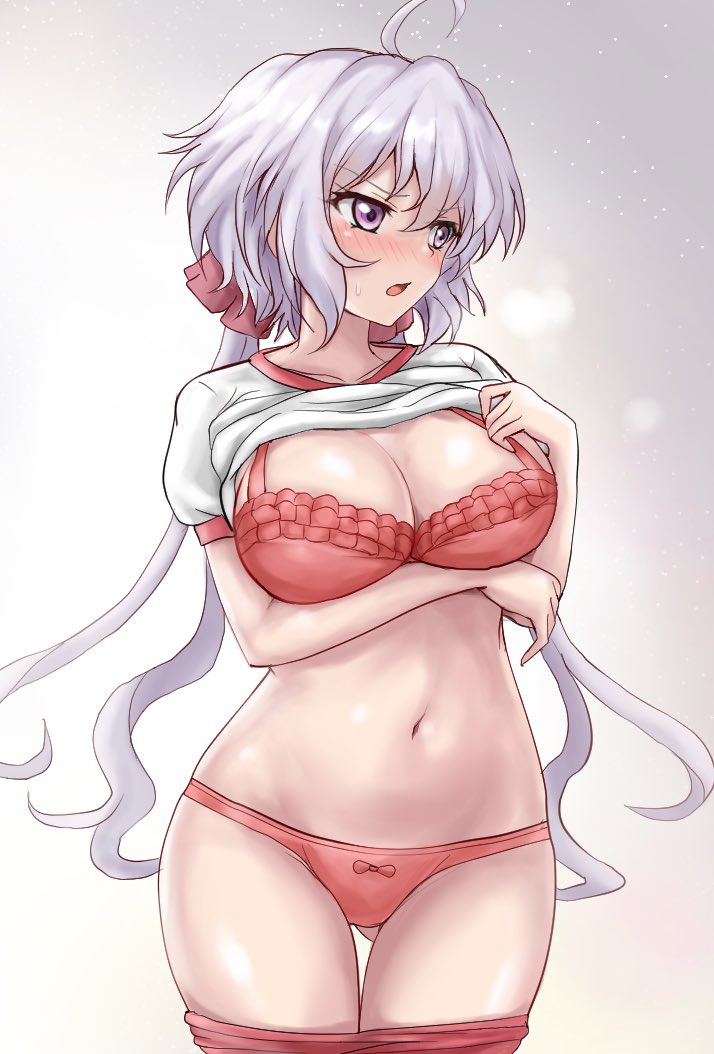 1girl ahoge blush bra breasts clothes_lift collarbone embarrassed eyebrows_visible_through_hair gym_shirt hair_ornament hair_scrunchie long_hair looking_to_the_side navel open_mouth panties r-binon red_bra red_panties scrunchie senki_zesshou_symphogear shiny shiny_hair shirt shirt_lift silver_hair solo standing twintails underwear violet_eyes white_shirt yukine_chris