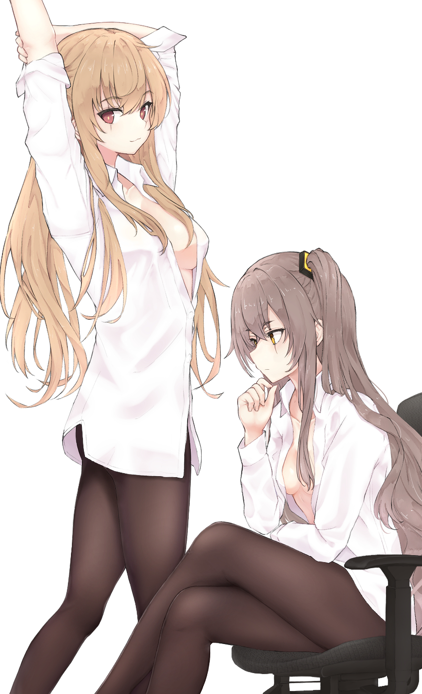 2girls :3 arm_up bangs black_legwear blonde_hair breasts brown_hair chair collarbone collared_shirt crossed_legs girls_frontline highres holding_own_arm long_hair long_sleeves looking_at_viewer medium_breasts multiple_girls nanayozuki office_chair pantyhose partially_unbuttoned red_eyes scar scar_across_eye shirt side_ponytail sitting sleeves_pushed_up small_breasts standing thinking ump45_(girls'_frontline) ump9_(girls'_frontline) white_shirt yellow_eyes