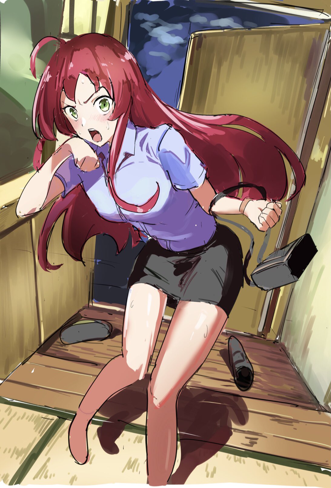ahoge bag bangs bare_arms bare_legs breasts green_eyes handbag hataraku_maou-sama! highres holding long_hair looking_at_viewer manno_(kanpi2100) open_mouth redhead shirt shoes shoes_removed skirt stairs sweat wooden_floor yusa_emi