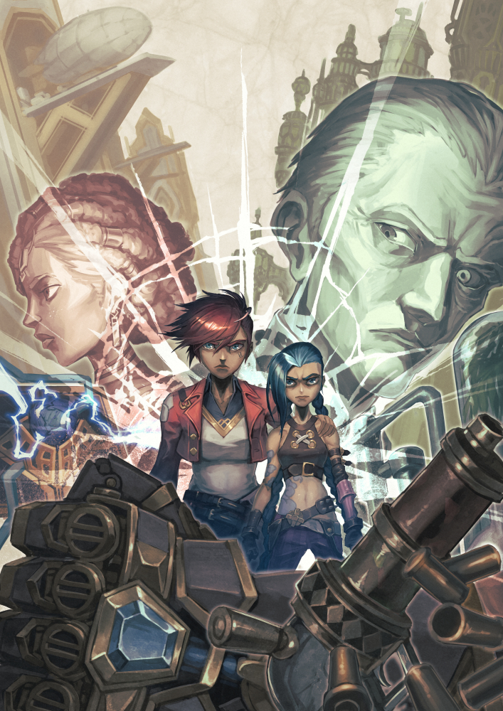 1boy 3girls aircraft arcane:_league_of_legends arcane_jinx arcane_vi asymmetrical_bangs bangs bare_shoulders belt black_sclera braid breasts brown_shirt closed_mouth cloud_tattoo colored_sclera commentary_request cropped_jacket dirigible earrings gauntlets hair_slicked_back hairlocs hatiue_(hachi) heterochromia jacket jewelry jinx_(league_of_legends) league_of_legends long_hair medium_breasts mel_medarda multiple_girls navel open_clothes open_jacket pants profile red_jacket redhead shiny shiny_hair shirt short_hair silco_(arcane) stomach striped striped_pants twin_braids vi_(league_of_legends) weapon white_shirt