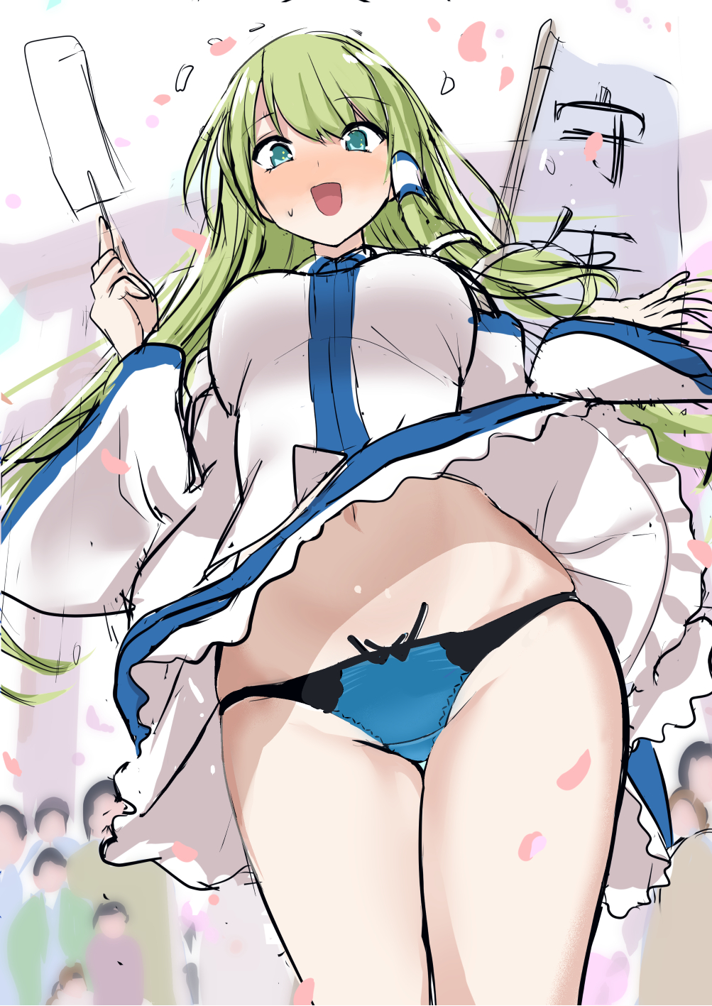 1girl :d amisu arm_up bangs bare_shoulders blue_eyes blue_panties blue_skirt blush bow bow_panties breasts clothes_lift collared_shirt commentary_request confetti detached_sleeves embarrassed eyebrows_visible_through_hair eyelashes frilled_skirt frills frog_hair_ornament gohei green_hair hair_ornament highres holding holding_stick kochiya_sanae large_breasts long_hair looking_at_viewer navel nontraditional_miko nose_blush open_mouth panties petals shiny shiny_hair shirt sidelocks skirt skirt_lift smile snake_hair_ornament solo standing stick stomach sweatdrop thighs touhou underwear white_shirt wide_sleeves wind wind_lift wing_collar