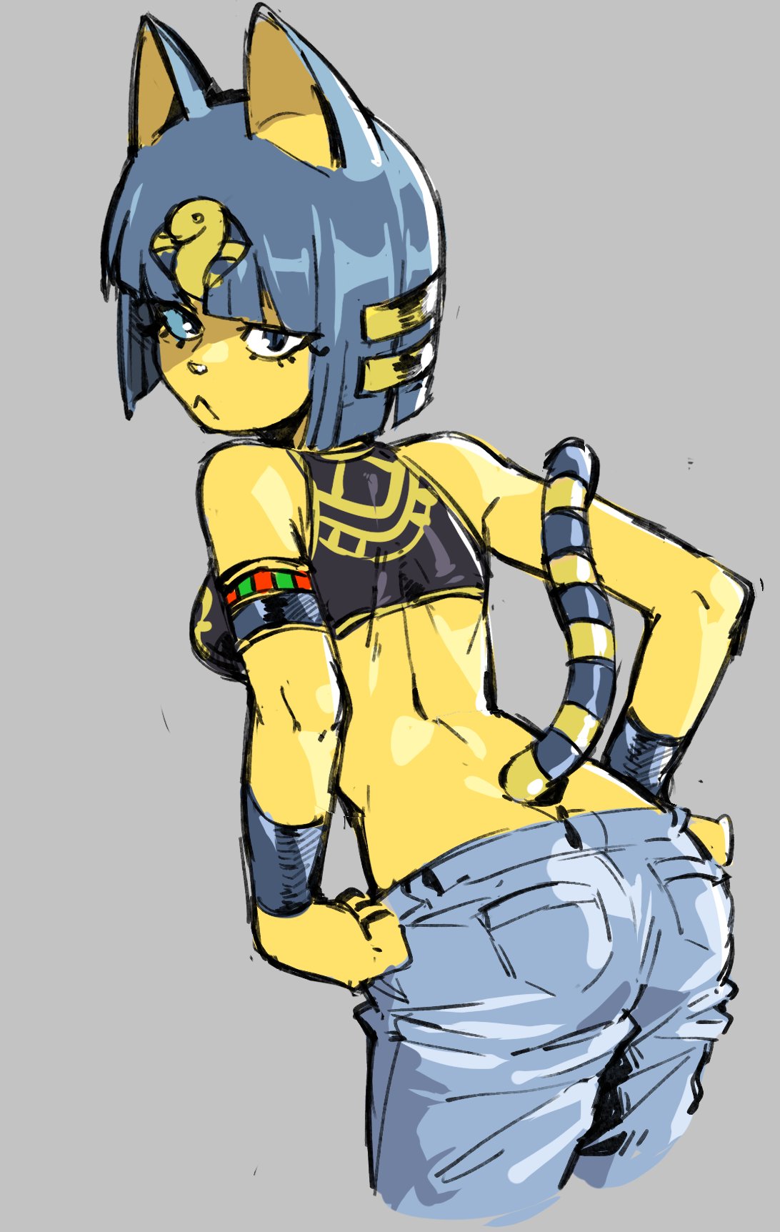 1girl :&lt; animal_crossing ankha_(animal_crossing) bangs black_eyes black_hair black_shirt blunt_bangs bob_cut bracer cat_girl cat_tail closed_mouth colored_skin commentary crop_top cropped_legs denim dressing english_commentary from_behind from_side frown grey_background hair_ornament highres jeans jitome looking_at_viewer looking_back midriff pants shirt short_hair simple_background solo tail woogleboy yellow_skin