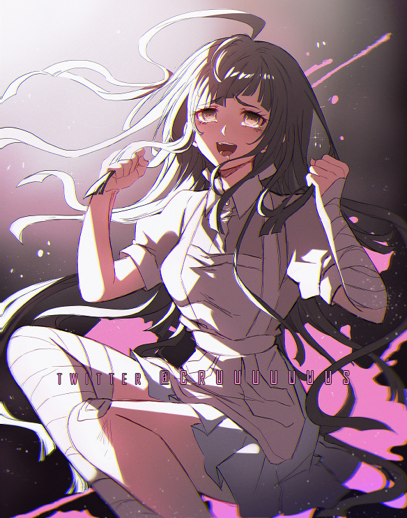 1girl :d ahoge apron bandaged_arm bandaged_leg bandages bandaid bandaid_on_knee bangs black_background brown_eyes clenched_hands collared_shirt criis-chan danganronpa_(series) danganronpa_2:_goodbye_despair feet_out_of_frame gradient gradient_background grey_apron grey_background hands_up long_hair looking_at_viewer mole mole_under_eye open_mouth pink_shirt pleated_skirt puffy_short_sleeves puffy_sleeves shiny shiny_hair shirt short_sleeves skirt smile solo teeth tsumiki_mikan twitter_username two-tone_shirt upper_teeth