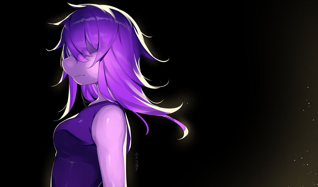 1girl arms_at_sides black_background breasts colored_skin deltarune frown hair_over_eyes hp_nokoketaetouyona long_hair pink_skin profile purple_hair simple_background small_breasts solo susie_(deltarune) upper_body