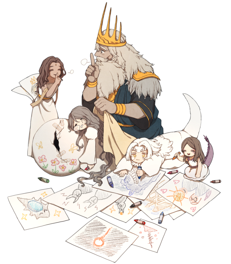 1boy 4girls beard brown_hair company_captain_yorshka cracked_egg crayon crown dark_souls_(series) dark_souls_i dark_souls_iii donar0217 dragon_girl dragon_tail facial_hair father_and_daughter filianore_(dark_souls) grey_hair gwyn_lord_of_cinder long_hair multiple_girls papers priscilla_the_crossbreed queen_of_sunlight_gwynevere sleeping tail white_hair