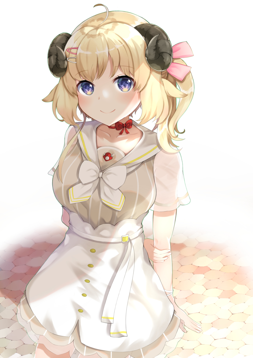 1girl ahoge animal_ears arm_behind_back bangs blonde_hair bow bowtie choker closed_mouth collarbone dress eyebrows_visible_through_hair hair_ornament hair_ribbon hairclip holding_own_arm hololive horns humime looking_at_viewer overskirt pink_ribbon red_choker ribbon sailor_collar sheep_ears sheep_girl sheep_horns short_dress short_hair short_sleeves short_twintails simple_background smile solo standing striped striped_dress tsunomaki_watame twintails vertical-striped_dress vertical_stripes violet_eyes virtual_youtuber white_background white_bow white_sailor_collar