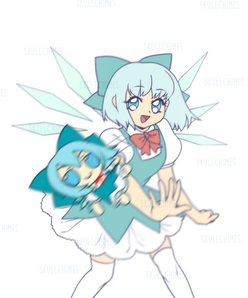 1980s_(style) 1girl anime_girl_throwing_things_(meme) bangs blue_bow blue_dress blue_eyes blue_hair bow breasts cirno collared_shirt dress fumo_(doll) hair_bow ice ice_wings meme parody pinafore_dress puffy_short_sleeves puffy_sleeves red_bow red_neckwear retro_artstyle shirt short_hair short_sleeves skullchimes small_breasts standing thigh-highs touhou white_legwear white_shirt wings