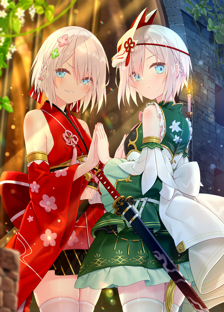 2girls bangs bare_shoulders blue_eyes blush bow braid closed_mouth commentary_request copyright_request detached_sleeves eyebrows_visible_through_hair flower fox_mask green_flower green_kimono green_sleeves hair_between_eyes hair_flower hair_ornament japanese_clothes kimono long_sleeves looking_at_viewer mask mask_on_head multiple_girls obi official_art own_hands_together palms_together parted_lips pink_flower red_kimono red_sleeves sash short_hair silver_hair single_braid skindentation sleeveless sleeveless_kimono smile thigh-highs white_bow white_legwear wide_sleeves yano_mitsuki