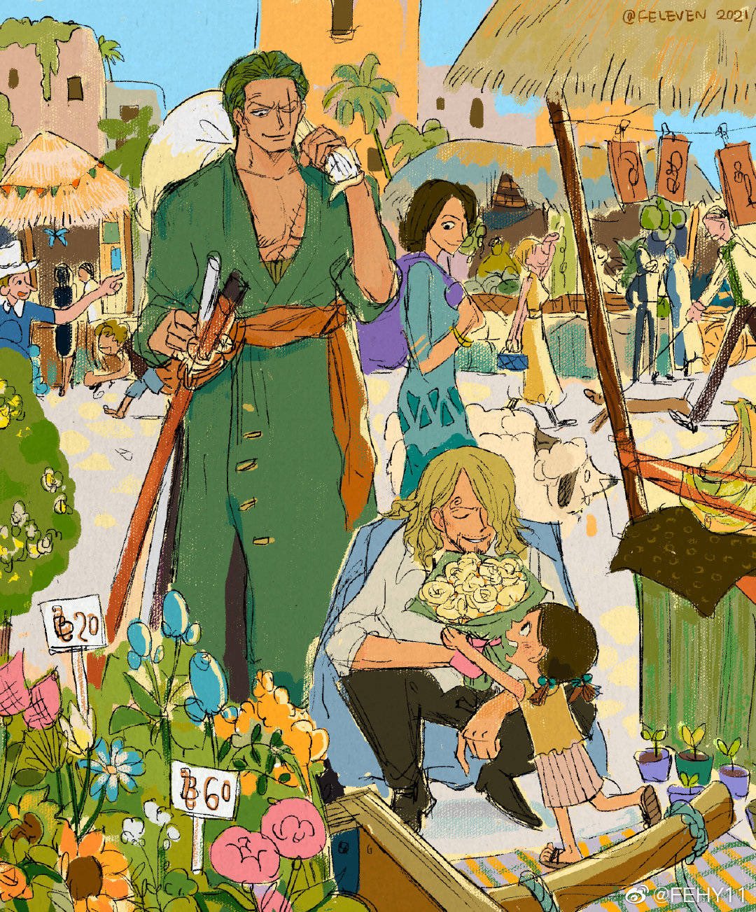 2boys blonde_hair facial_hair feleven flower green_hair hair_over_one_eye highres jacket jacket_on_shoulders male_focus market market_stall multiple_boys older one_piece outdoors price_tag roronoa_zoro sanji scar scar_across_eye sheath sheathed shopping short_hair sketch sleeves_rolled_up smile