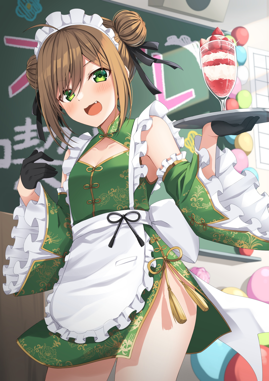1girl :d apron balloon bangs black_gloves blush brown_hair china_dress chinese_clothes commentary_request detached_sleeves double_bun dress eyebrows_visible_through_hair fang food frilled_apron frills fruit gloves green_dress green_eyes green_sleeves hair_over_one_eye half_gloves hands_up haru_(kuzuyu) highres holding holding_tray indoors komori_kuzuyu long_sleeves looking_at_viewer original parfait sidelocks sleeveless sleeveless_dress smile solo strawberry tray white_apron wide_sleeves