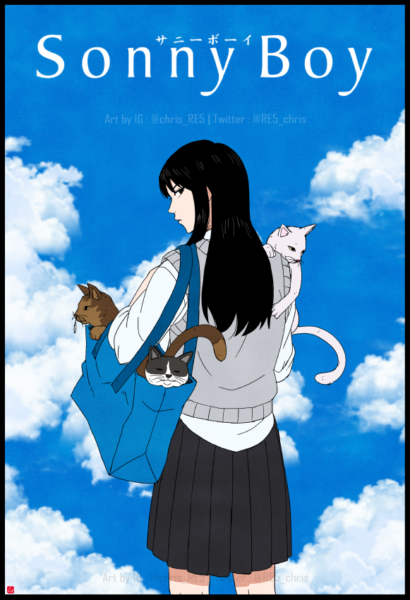 1girl animal artist_logo bag black_border black_eyes black_hair black_skirt border cat chris_re5 clouds commentary copyright_name cowboy_shot day from_behind gen_(sonny_boy) grey_vest holding holding_animal holding_cat instagram_username long_hair looking_back mizuho_(sonny_boy) pleated_skirt sakura_(sonny_boy) school_uniform shirt skirt sky sonny_boy standing sweater_vest tora_(sonny_boy) twitter_username vest white_cat white_shirt