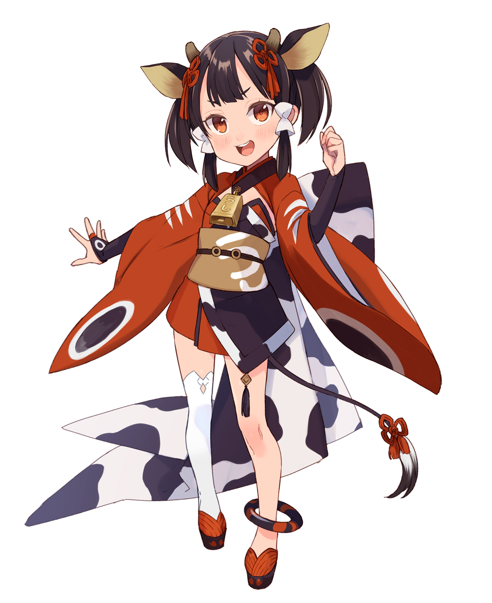 1girl :d animal_ears animal_print bell black_footwear black_hair blush bridal_gauntlets brown_eyes commentary_request cow_ears cow_girl cow_horns cow_print cow_tail cowbell full_body hair_tubes hand_up highres horns japanese_clothes kimono long_sleeves looking_at_viewer obi original red_kimono sash simple_background single_thighhigh smile solo standing tail thigh-highs twintails white_background white_legwear wide_sleeves yuko_(uc_yuk)