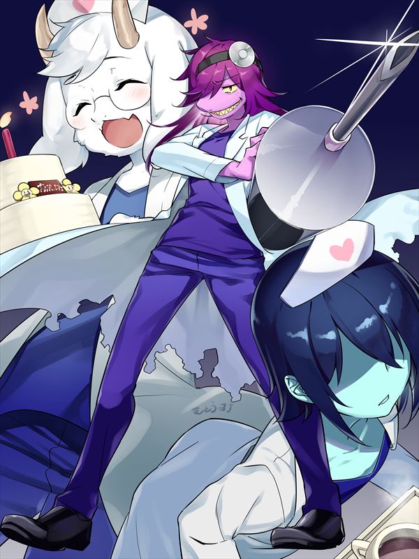 1boy 1girl 1other black_footwear blue_pants blue_skin blush cake closed_eyes colored_skin cup deltarune flowey_(undertale) food glasses glint hair_over_eyes hair_over_one_eye hat horns hp_nokoketaetouyona kris_(deltarune) labcoat long_hair mug nurse nurse_cap oversized_object pants pink_skin purple_hair ralsei sharp_teeth simple_background standing syringe teeth white_hair yellow_eyes