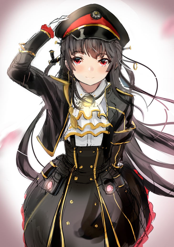 1girl arm_up belt black_gloves black_hair bow bowtie dress eyebrows_behind_hair eyebrows_visible_through_hair gloves hand_on_own_head hat jikihatiman long_hair looking_at_viewer military military_hat military_uniform rail_romanesque red_eyes smile solo uniform