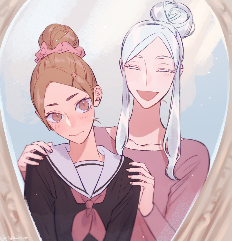 2girls ^_^ alternate_hairstyle blush brown_eyes brown_hair cat_hair_ornament closed_eyes closed_mouth commentary_request haiba_arisa haikyuu!! hair_bun hair_ornament hair_scrunchie hairclip hands_on_another's_shoulder indoors long_hair long_sleeves looking_at_mirror mirror multiple_girls open_mouth pink_nails pink_shirt pinkurohai sailor_collar school_uniform scrunchie shirt sidelocks smile twitter_username upper_body vanity_table white_hair yamamoto_akane