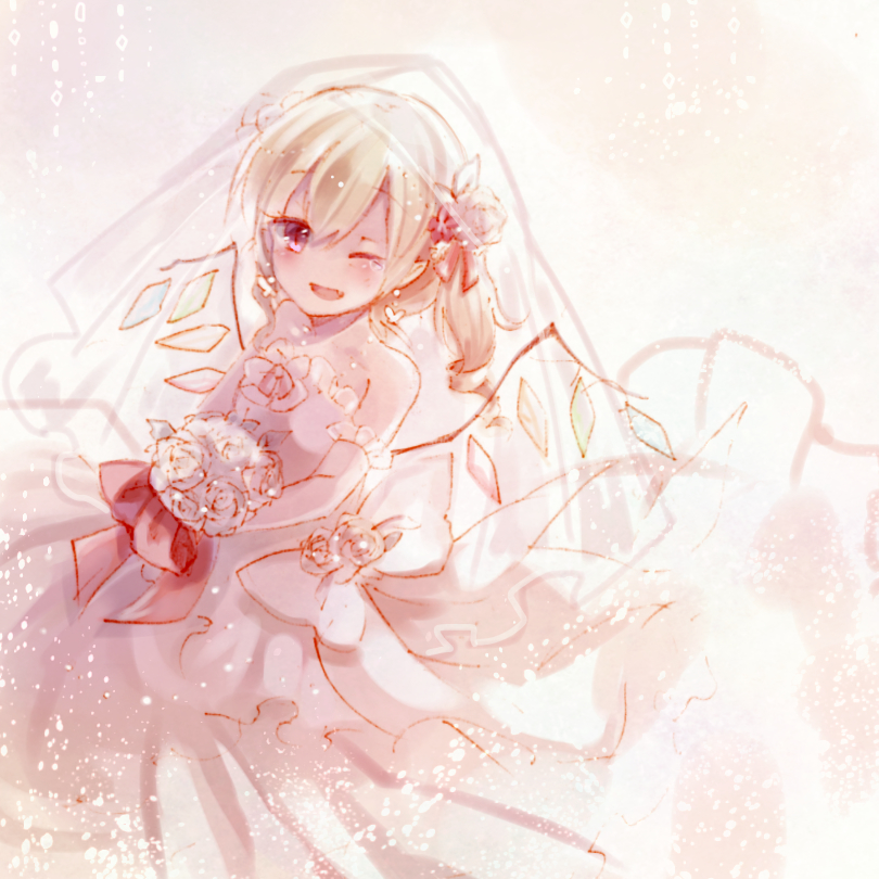 1girl alternate_costume blonde_hair blush bouquet bow bridal_veil crystal dress dress_bow fang flandre_scarlet flower hair_ribbon happy looking_at_viewer one_eye_closed one_side_up open_mouth red_eyes red_ribbon ribbon rose short_hair smile solo sorani_(kaeru0768) tears touhou veil wedding_dress white_background white_flower white_rose wings